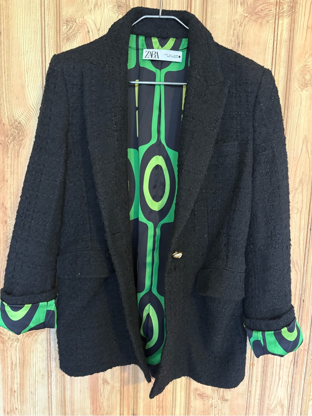 ZARA women’s Black Bouclé Blazer with Green Graphic Lining L